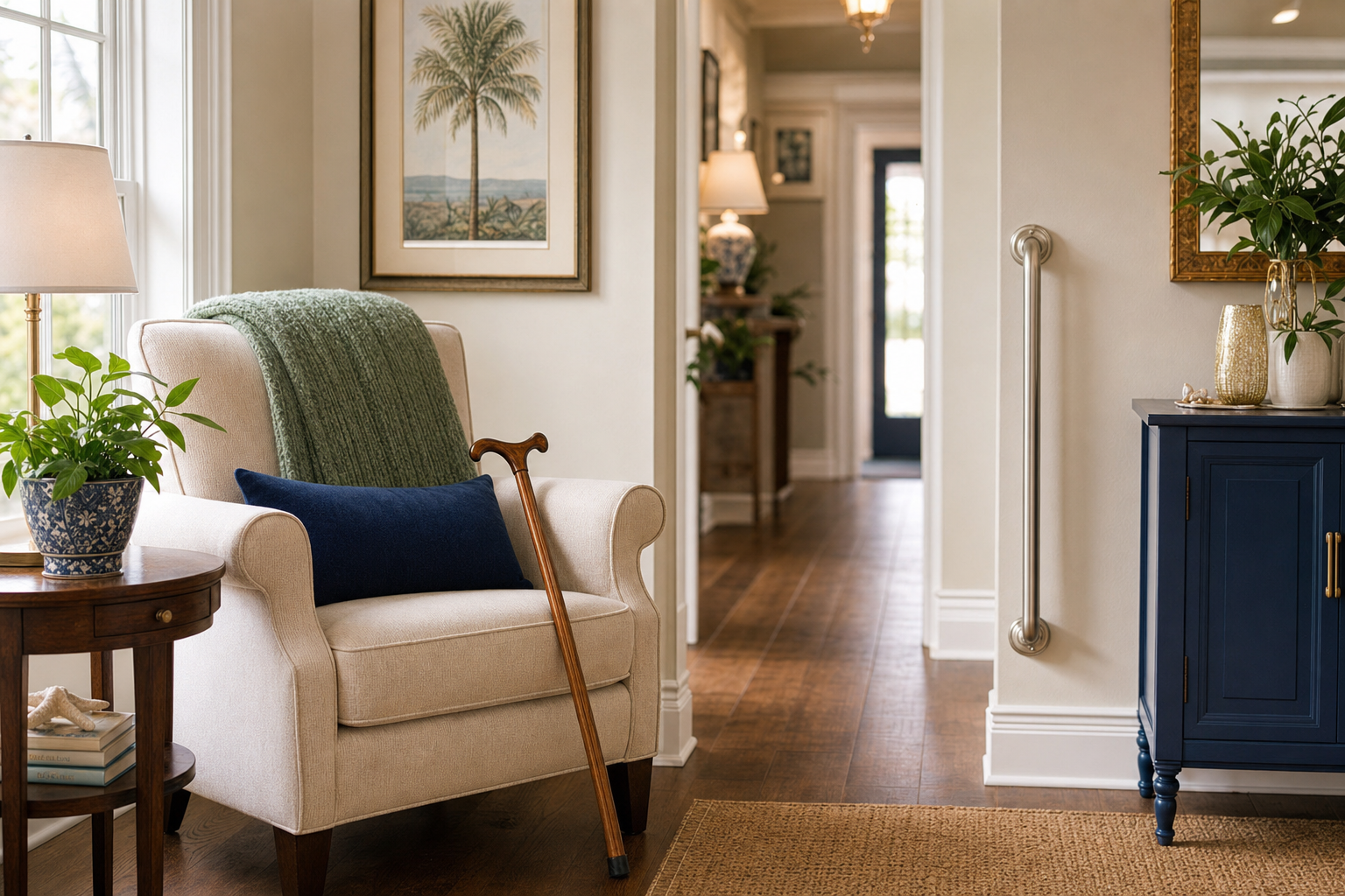 A bright, safe senior-friendly living room with a comfortable armchair, a cane within reach, and a grab bar in the hallway
